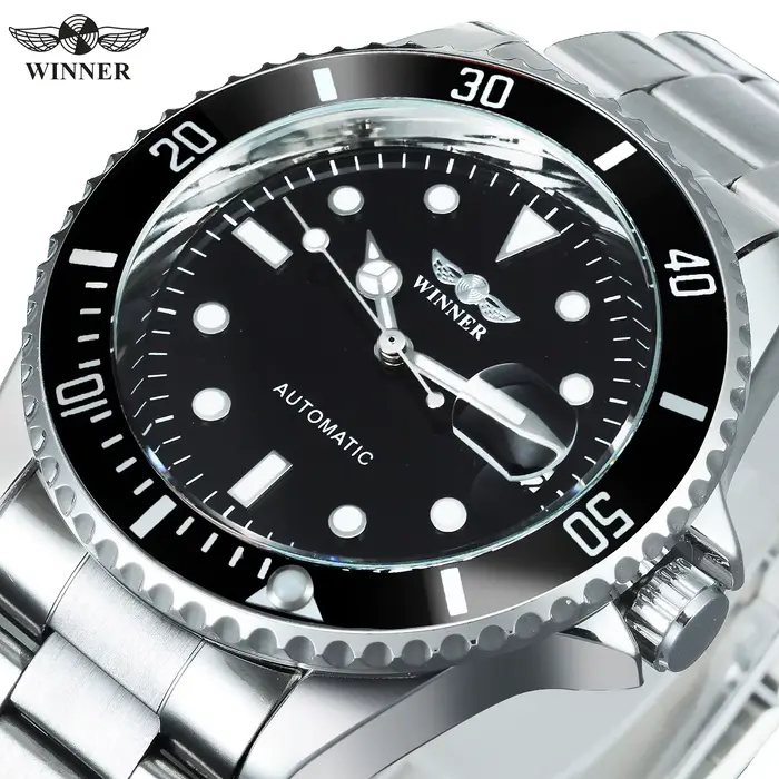 Montres mécaniques T-WINNER pour hommes avec mouvement automatique, résistance à l'eau, lunette rotative et bracelet en acier inoxydable pour occasions spéciales