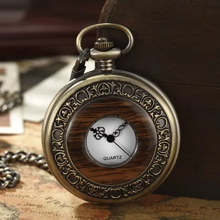 Montre de poche vintage en bois avec chaîne et pendentif Steampunk pour homme et femme occasions spéciales cadeau anniversaire fête des pères Noël