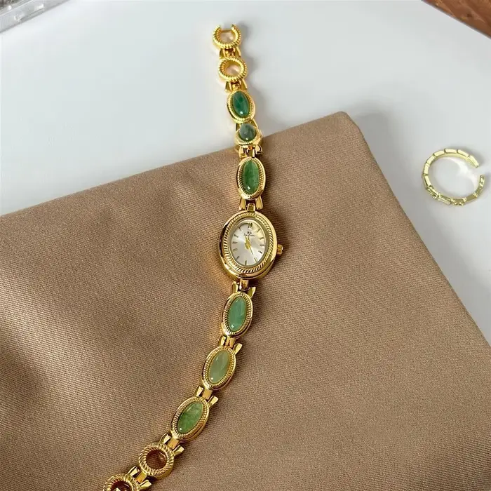 Montre en or pour femmes, Vintage, Bracelet en Jade marron, petit cadran, Quartz, usage quotidien, h