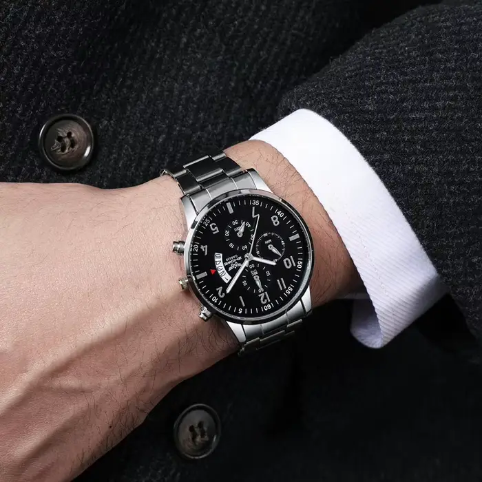 Montre de luxe pour hommes, 1 pièce, mode calendrier d'affaires, ceinture en acier, cadeau de noël,