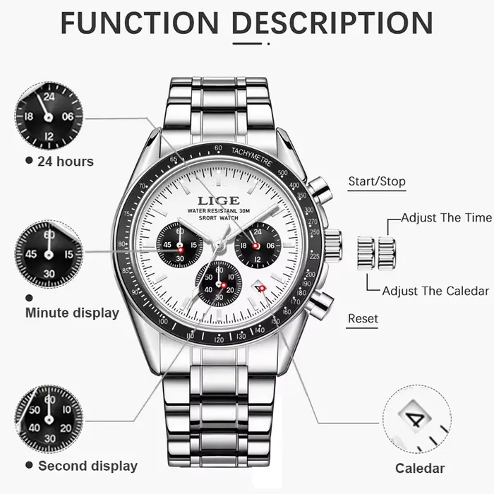 Montre à quartz étanche en acier inoxydable pour homme