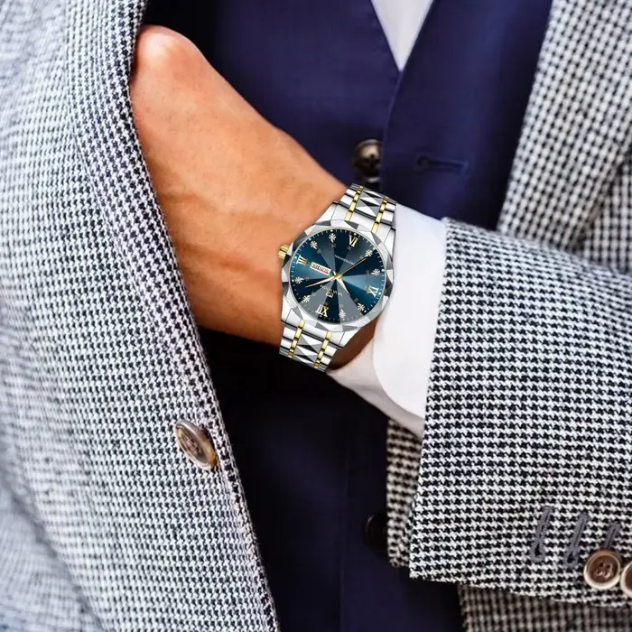 Montre de luxe en acier inoxydable avec diamants pour homme style affaires résistante à l'eau et lumières nocturnes multifonctionnelle quartz or bronze café multicolore rose