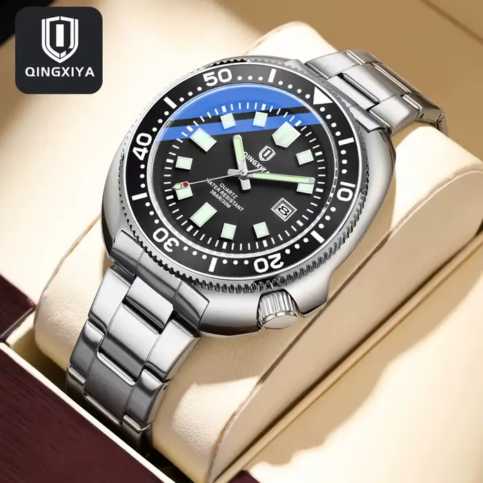 QINGXIYA tout nouveau Design de mode Date montre à Quartz pour hommes en acier inoxydable étanche lumineux