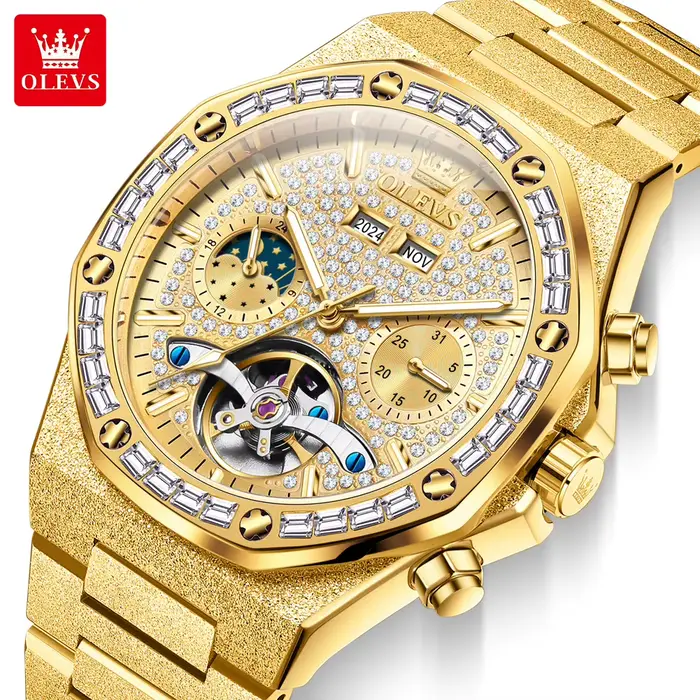 Montre OLEVS Tourbillon Automatique Luxe Hommes avec Tourbillon Squelette Lumineux Calendrier Complet et Phase de Lune Occasions Spéciales