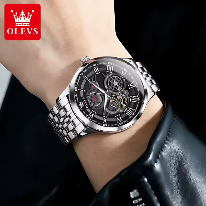 OLEVS squelette montre mécanique hommes étanche en acier inoxydable haut de gamme