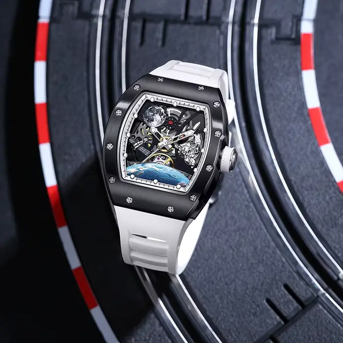 Montre automatique BONEST GATTI style mode et décontracté pour hommes cadran terre lumineux squelette résistante à l'eau pour occasions formelles et décontractées