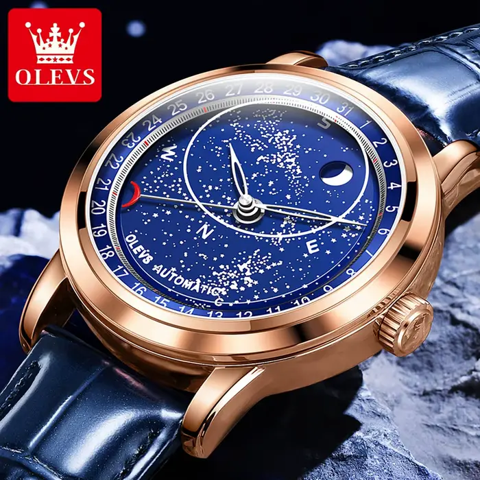 Montre mécanique automatique OLEVS 9923 phase de lune bracelet en cuir étanche pour homme occasions spéciales nocturnes