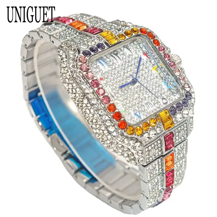 Montre UNIGUET Rainbow Diamond acier inoxydable carrée avec marqueurs de chiffres arabes pour hommes styles hip-hop occasions spéciales