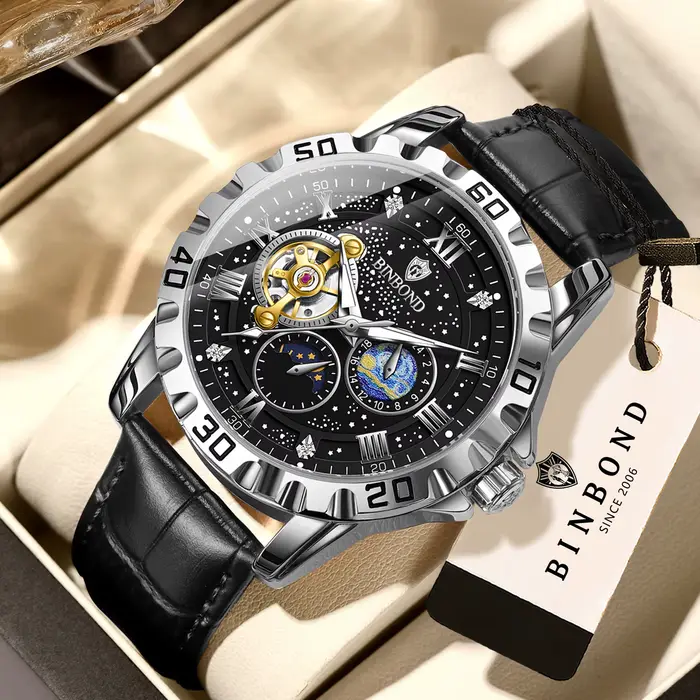Montre automatique pour homme BINBOND, squelette, Reloj, cuir véritable, montres mécaniques pour hom