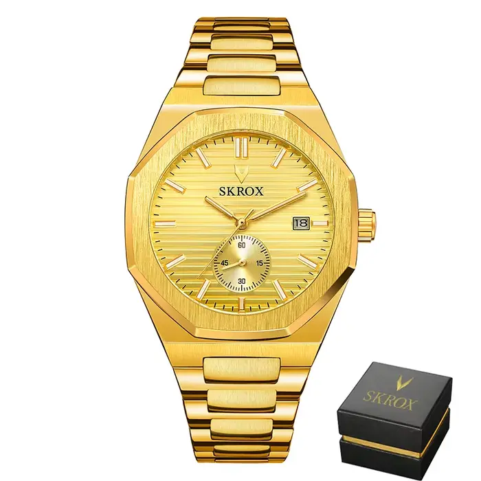 SKROX-Montre existent Octogonale pour Homme, Design Original, Date, Top Luxe, Or, Étanche, Acier, Mé