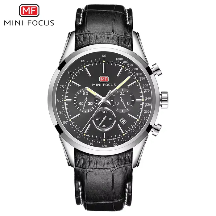Montres MINI FOCUS pour hommes bracelet en cuir véritable avec chronographe et affichage de la date montre-bracelet sport étanche cadeau pour homme occassions spéciales