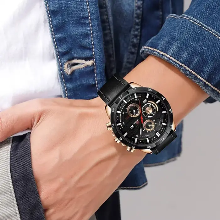 Montre en cuir noir Top marque Motorsport série Style mouvement à Quartz calendrier décoratif