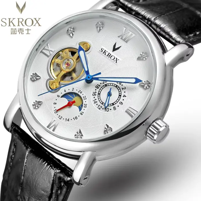 Montre SKROX Phase de lune Tourbillon Automatique à Remontage Automatique en Acier Inoxydable Cuir Pour Homme Occasions Spéciales