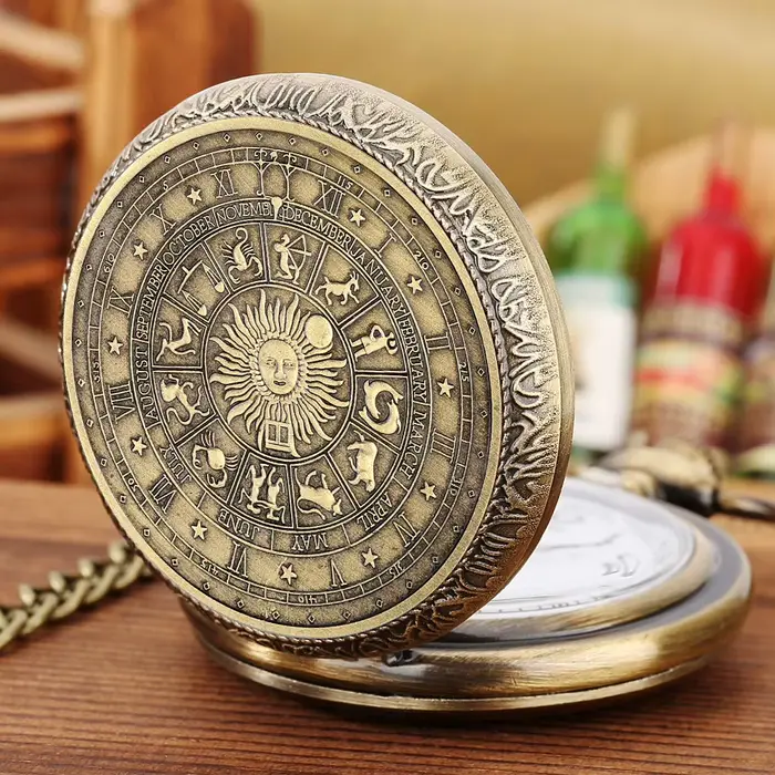 Montre de poche vintage en acier inoxydable signes du zodiaque pour hommes mode et occasions spéciales