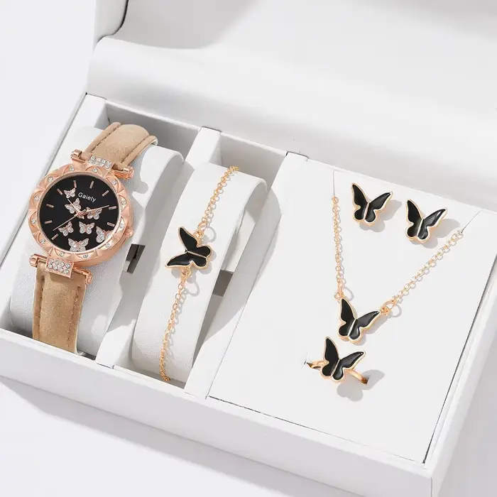 Ensemble de montre-bracelet à quartz pour femme avec bague, collier, boucles d'oreilles et bracelet en cuir, papillon, variété de couleurs pour tous les styles et occasions