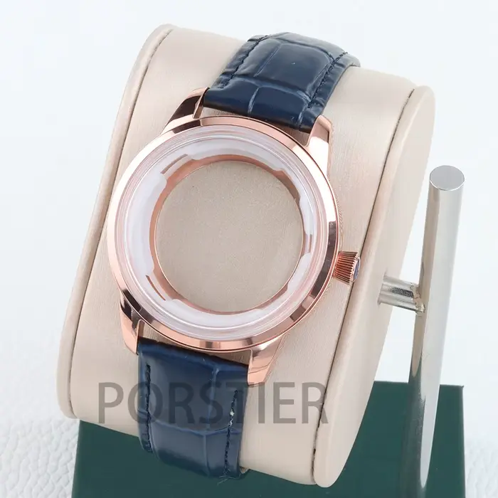 Boîtier pour homme en or rose 40 mm, verre bombé, acier inoxydable massif, pour mouvement Cocktail nh35/nh36/nh38, cadran 35 mm, bracelet en cuir 20 mm