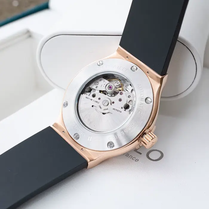 OBLVLO hommes de luxe or Rose cadran noir avec diamants lunette montre automatique étanche élastique mécanique