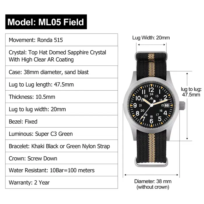 Militado ML05 montre militaire Ronda 515 mouvement à Quartz saphir bombé avec revêtement AR haute transparence lumineux 38mm montres Vintage
