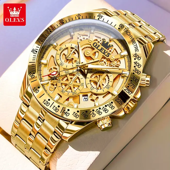 OLEVS Lxuxry marque or montres pour hommes squelette complet en acier inoxydable chronographe montre