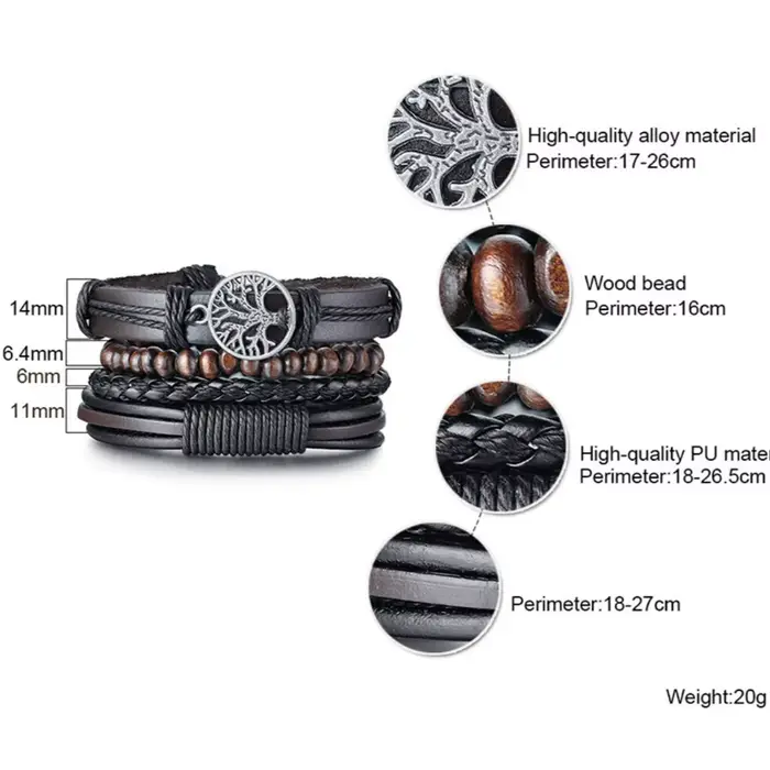 Bracelets en cuir rond tressé pour hommes, breloque arbre de vie vintage, perles en bois, bracelet t