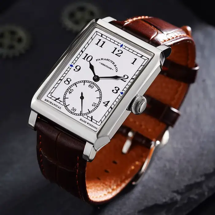 Montre rétro FARASUTE en acier inoxydable avec mouvement mécanique personnalisé, bracelet en cuir, résistante à l'eau pour homme, occasions spéciales et décontractée