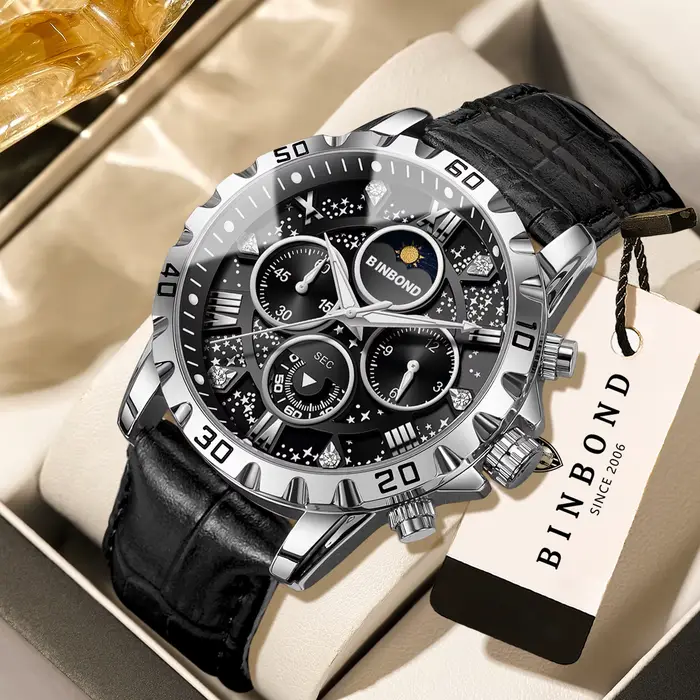 Montres en quartz authentiques BINBOND pour hommes, luxe, lumineuses, étanches, chronographe, montre