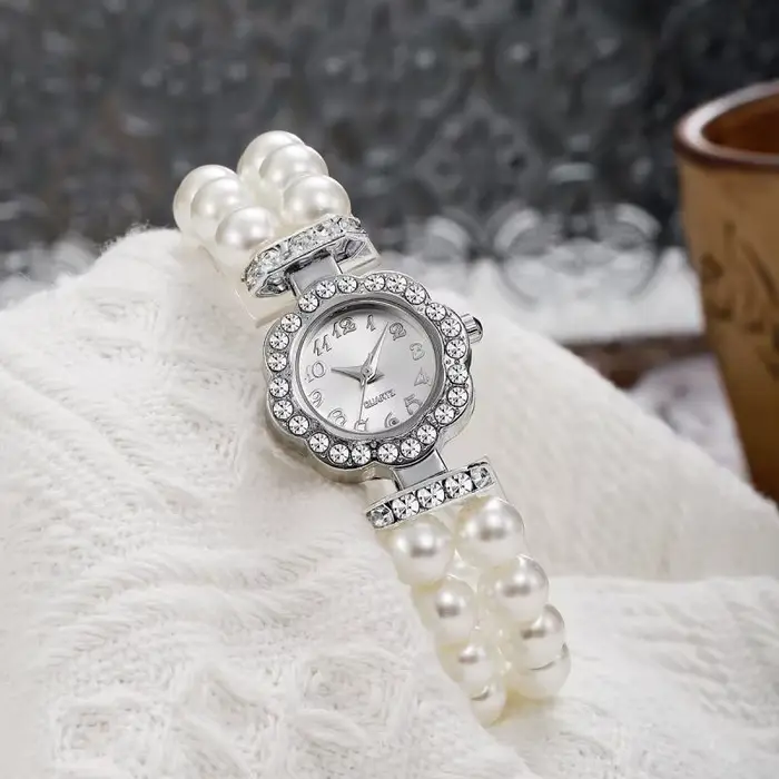 Montre élastique à double rangée de perles imitation