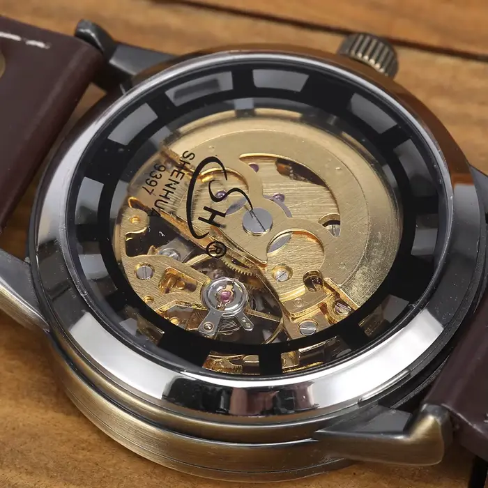 Montre mécanique automatique en bronze avec cadran squelette et bracelet en cuir pour hommes occasions spéciales et cadeaux d'anniversaire