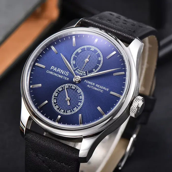 Nouvelle mode Parnis 43mm cadran bleu automatique montre pour hommes réserve de marche montres mécaniques bracelet en