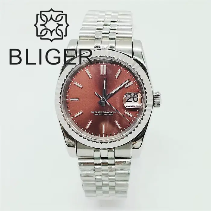 BLIGER 36mm/39mm Sunburst cadran marron montre NH35 lunette cannelée saphir cristal Rose bord bâtons Index jubilé Bracelet étanche