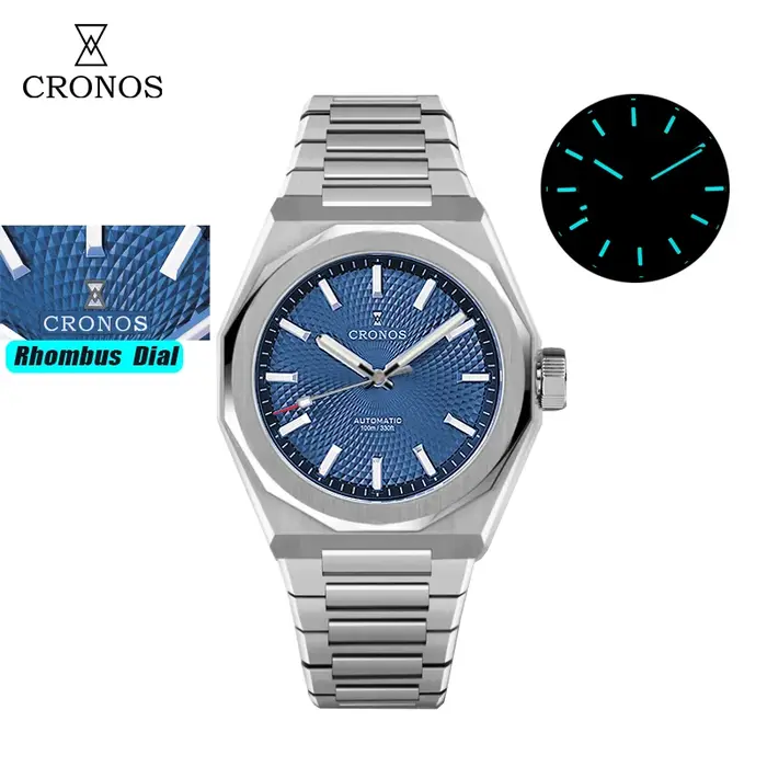 Montre de luxe mécanique Cronos en acier inoxydable avec cristal de saphir résistant à l'eau pour homme occasions spéciales