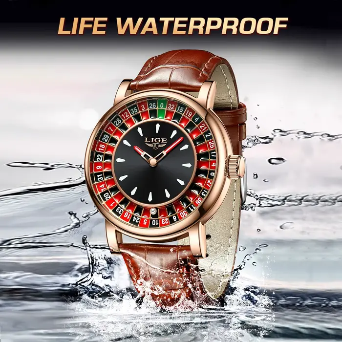LIGE mode cuir marron hommes montre cadran rotatif Las Vegas Roulette bureau thème montre hommes éta