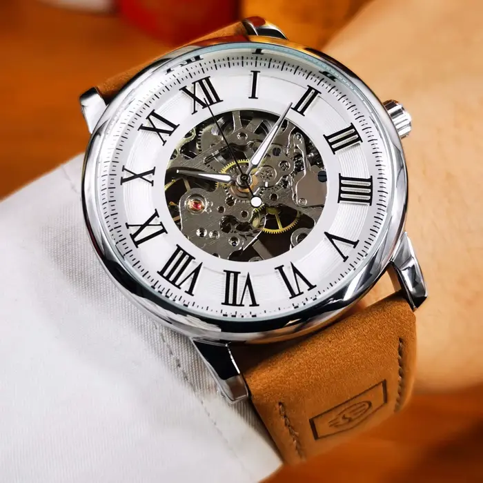 Montre Mécanique Manuelle Squelette Hommes Cuir Marron Élégante Pour Occasions Spéciales