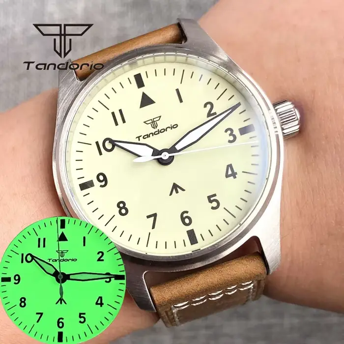 Tandorio cadran entièrement lumineux 39mm montre pilote mécanique pour hommes automatique mis5 8215 PT5000 montre-bracelet en acier AR saphir cristal