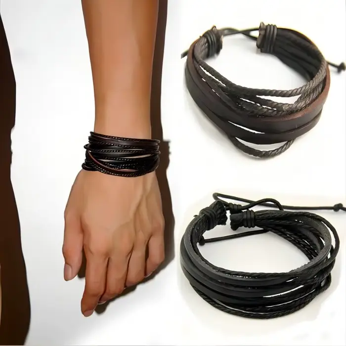 Bracelet en cuir multicouche tissé à la main pour hommes