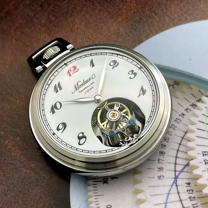 Merkur True Tourbillon montre de poche Vintage cadran en émail saumon montre mécanique manuelle pour