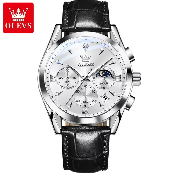 OLEVS 3609 Original Phase de lune chronographe montre pour hommes en cuir étanche lumineux luxe Quar