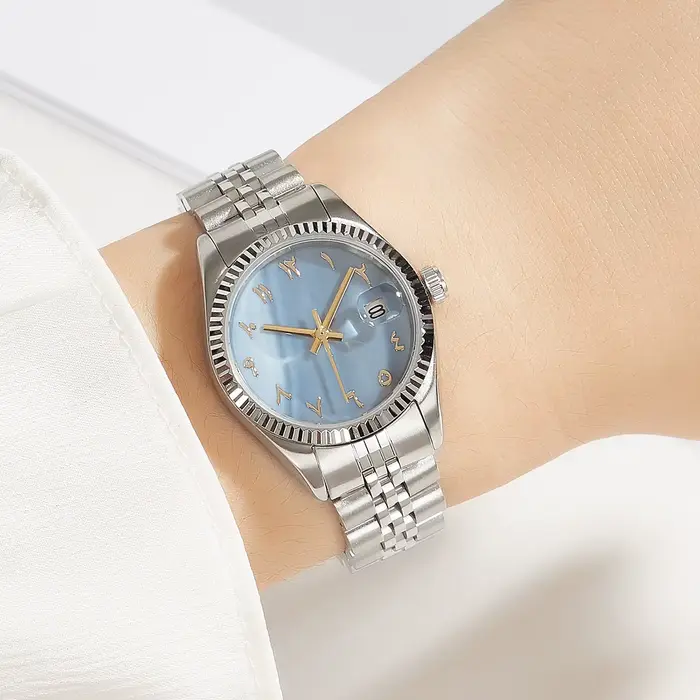 Montre de luxe pour femmes, chiffres arabes, boîtier en acier, couronne de marque étanche, montre-br