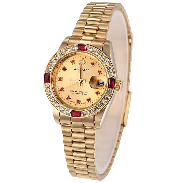 REGINALD – montre-bracelet pour femmes, couleur or, Date, cristal, style, robe, horloge, étanche