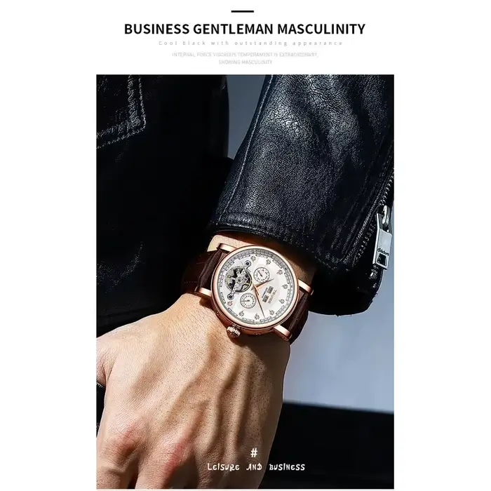 Montre mécanique automatique avec calendrier lumineux pour hommes, idéale pour voyages d'affaires, occasions décontractées, cadeau anniversaire, bracelet en cuir, mouvement automatique, résistance à l'eau 3 bars
