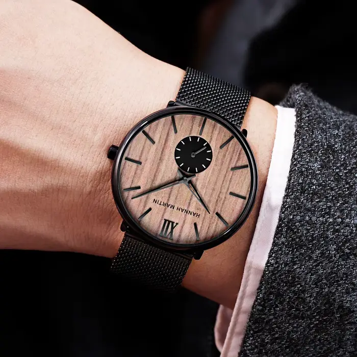 Montre-bracelet en acier inoxydable et bois pour homme, avec cadran en bois, résistance à l'eau 3ATM, mouvement à quartz, bracelet en maille, style fashion et casual, fermoir pliant sécurisé