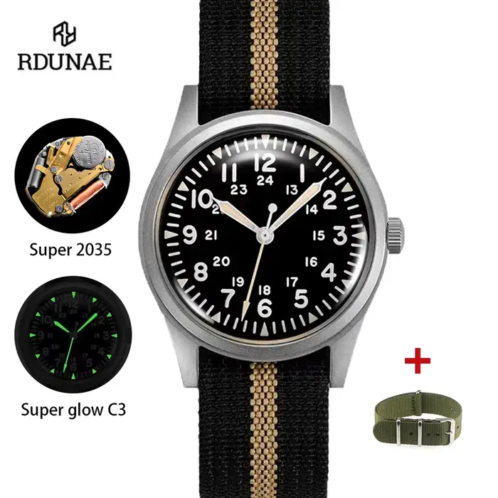 2025 nouveau RDUNAE RA03 34.5mm militaire hommes montre à Quartz Vintage G10 mis5 2035 montres K1 verre minéral montre-bracelet en acier inoxydable
