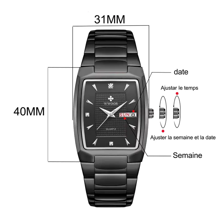 WWOOR 2024 nouvelle montre carrée hommes avec Date de la semaine automatique de luxe en acier inoxydable or