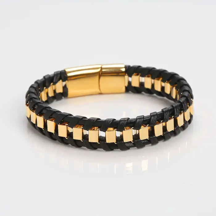 Bracelets classiques en cuir et acier inoxydable tissés à la main pour hommes