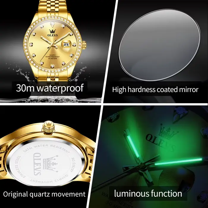 Montre OLEVS 3629 or et diamants montre-bracelet homme quartz résistante à l'eau pour hommes occasions spéciales