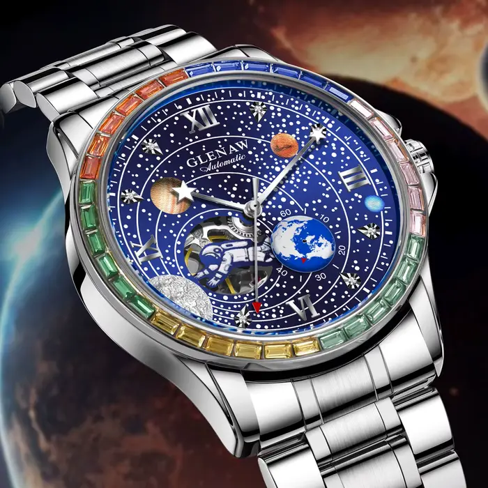 GLENAW Nouvelle Montre Mécanique Rotative Homme Cadran Astronaute Espace Lumière Nocturne Étanche Bracelet Acier