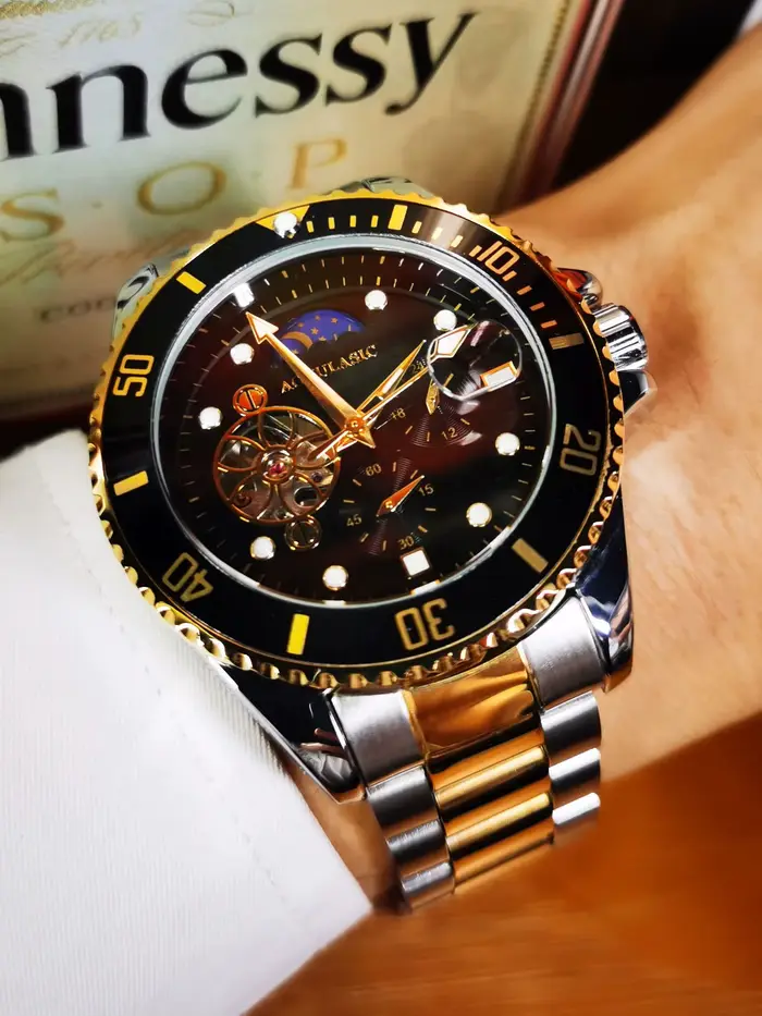 Tourbillon Phase de lune squelette montres mécaniques lunette rotative cadran lumineux luxe automatique montre pour hommes bracelet en acier inoxydable