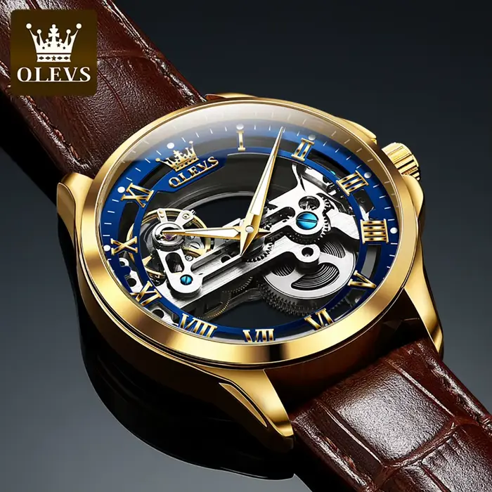 Montre homme OLEVS 6661 Transparent Squelette Volant Automatique Bracelet Cuir Occasions Spéciales Luxe