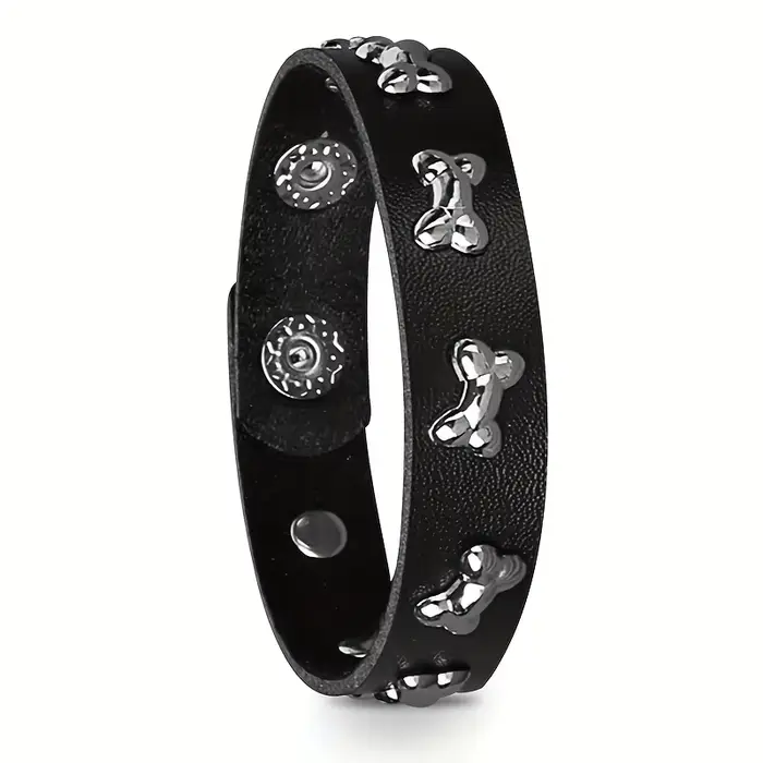 Bracelet en cuir PU noir d'inspiration punk avec breloques en os de chien – Parfait pour un usage quotidien et les fêtes d'Halloween.