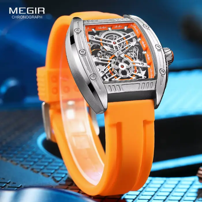 Montre mécanique orange tendance MEGIR pour homme